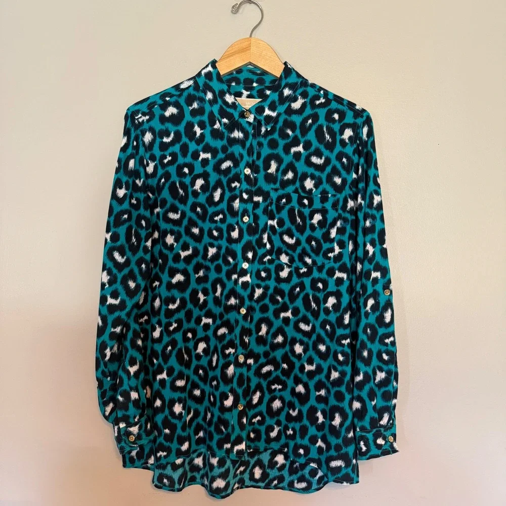 Michael‎ Kors Womens Teal Leopard Print Button Down Short Sleeve Blouse Large